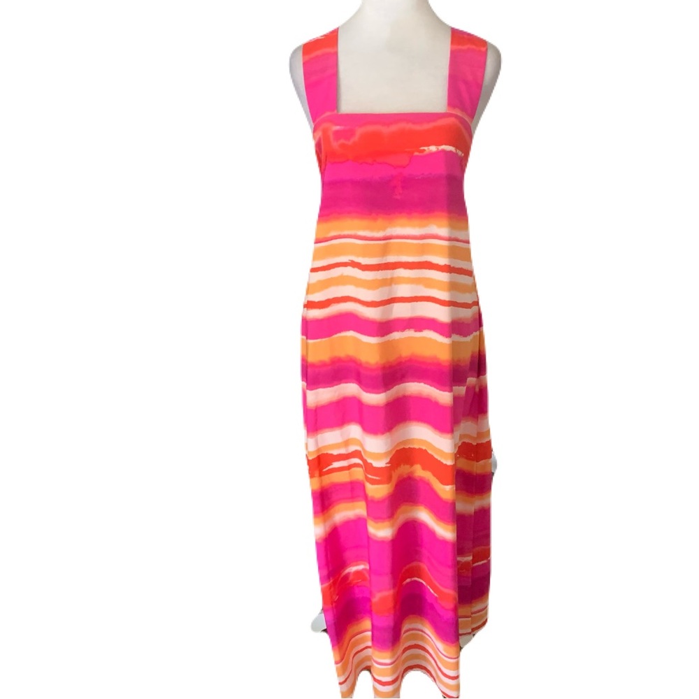 Natori Women’s Size Small Pink & Orange Sleeveless Square Neck Summer Maxi Dress